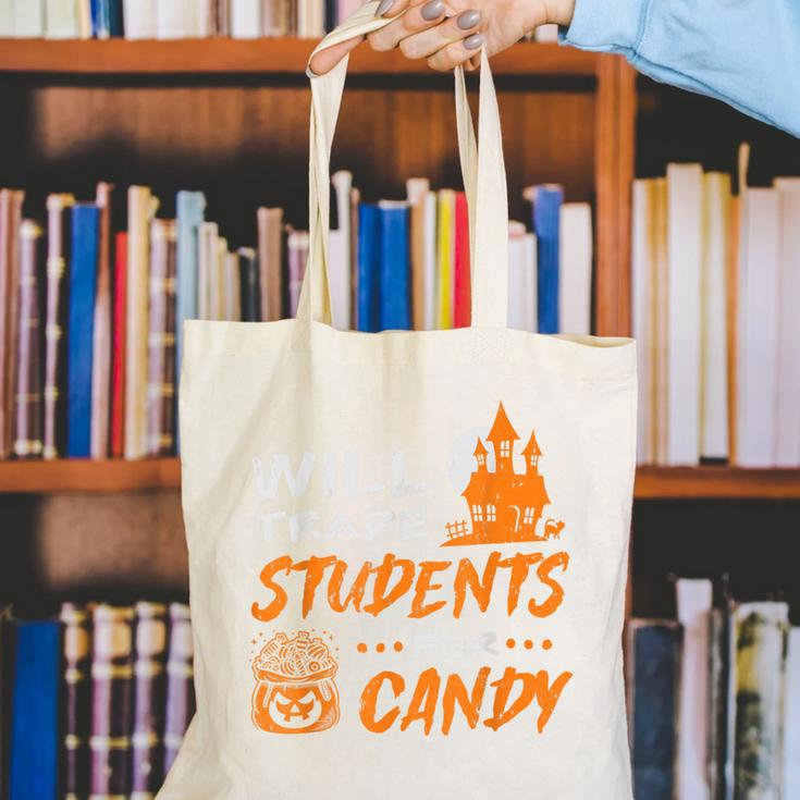 Will Trade Students For Candy Halloween Costume Teacher Canvas Tote Bag, funny gift Will Trade Students For Candy Halloween Costume Teacher Canvas Tote Bag, funny gift