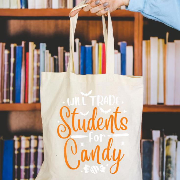 Will Trade Students For Candy Halloween Costume Teacher Canvas Tote Bag, funny gift Will Trade Students For Candy Halloween Costume Teacher Canvas Tote Bag, funny gift