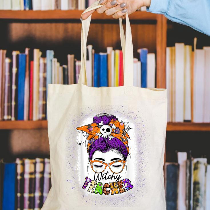 Witchy Teacher Halloween Messy Bun Teacher Bleached Canvas Tote Bag, funny gift Witchy Teacher Halloween Messy Bun Teacher Bleached Canvas Tote Bag, funny gift