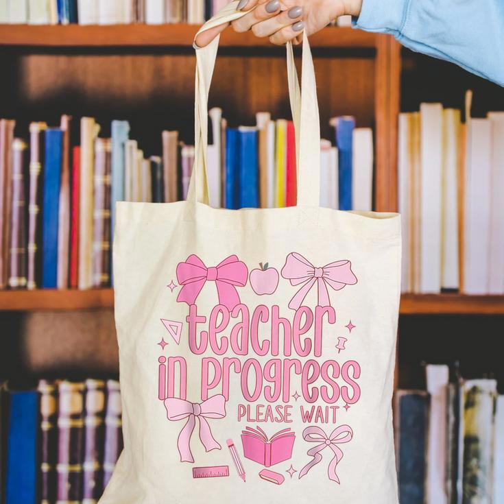 Women Teacher In Progress Coquette Pink Bow Future Teacher Canvas Tote Bag, Future Teacher Tote Bags, funny gift Women Teacher In Progress Coquette Pink Bow Future Teacher Canvas Tote Bag, Future Teacher Tote Bags, funny gift