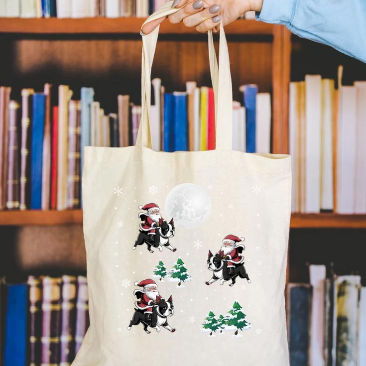 Xmas Tree Santa Riding Boston Terrier Christmas Canvas Tote Bag, Boston Terrier Riding Tote Bags, Boston Terrier Christmas Tote Bags, funny gift