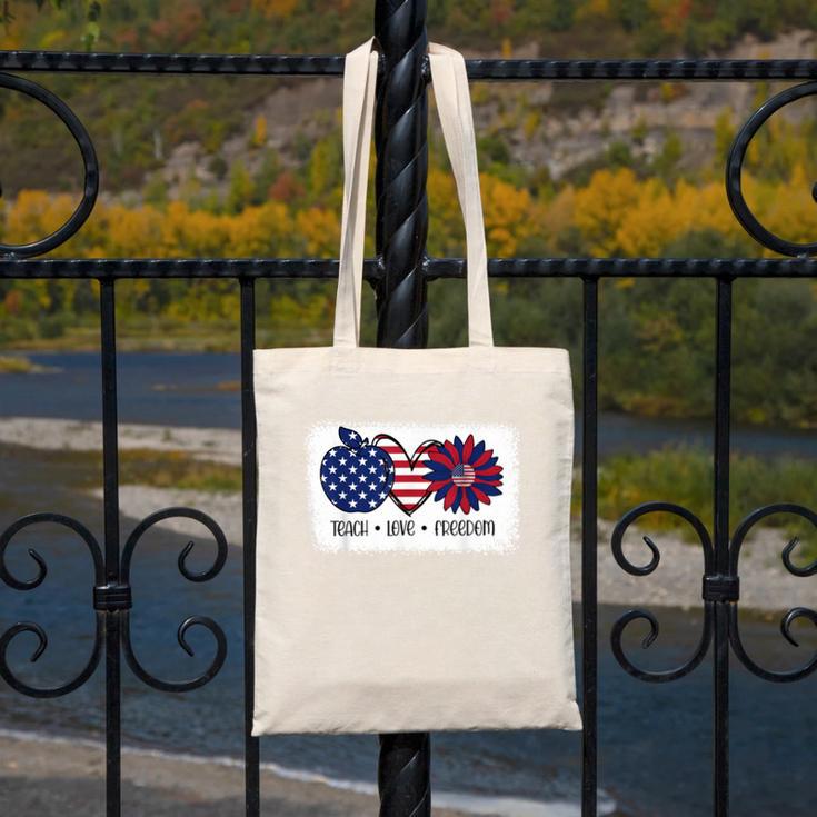 American Flag Teach Love Freedom Preschool Teacher 4th July Canvas Tote Bag, funny design