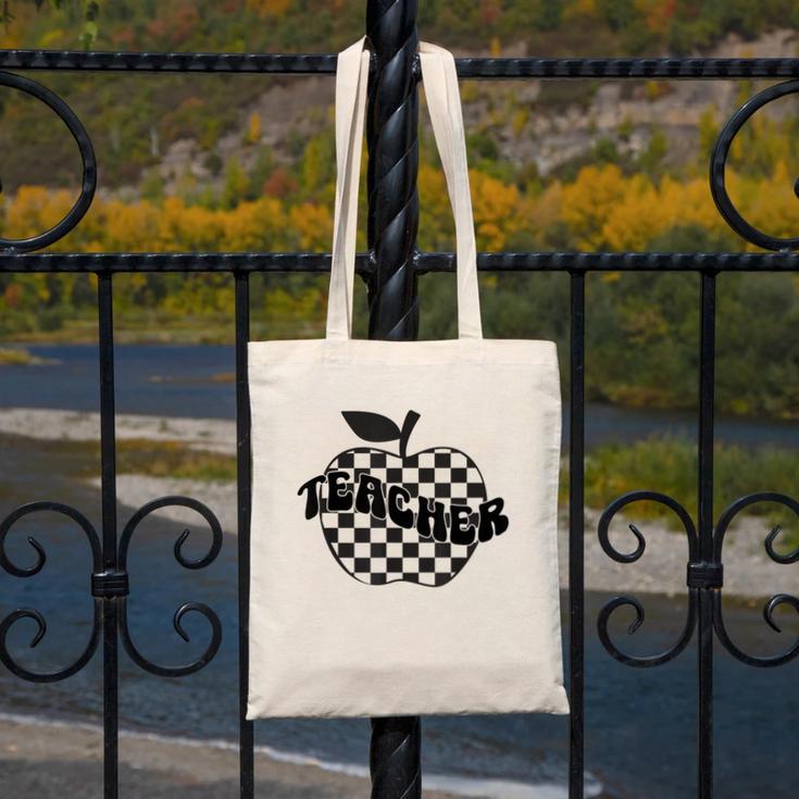 Back To School Checkered Apple Teacher Checkerboard Teacher For Men Women Girls Kids Canvas Tote Bag, funny design