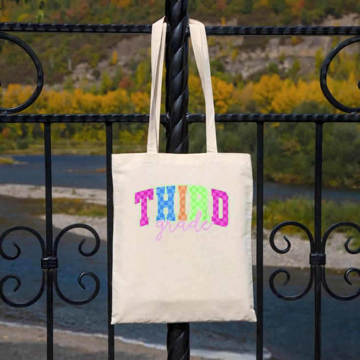 Back To School Neon Checkered Third Grade Colorful Teacher Canvas Tote Bag, funny design Back To School Neon Checkered Third Grade Colorful Teacher Canvas Tote Bag, funny design