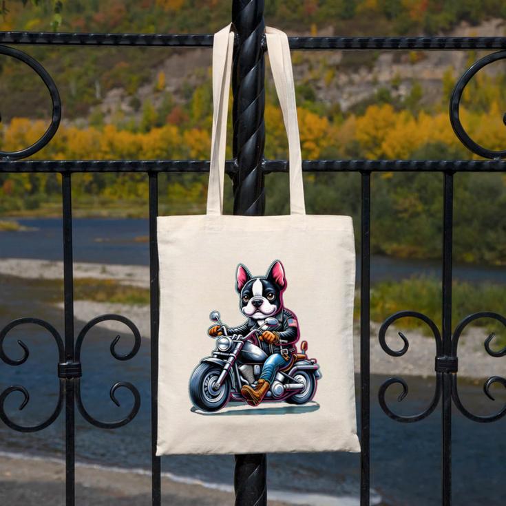 Biker Boston Terrier Dog Riding Motorbike Canvas Tote Bag, Boston Terrier Riding Gifts, funny design