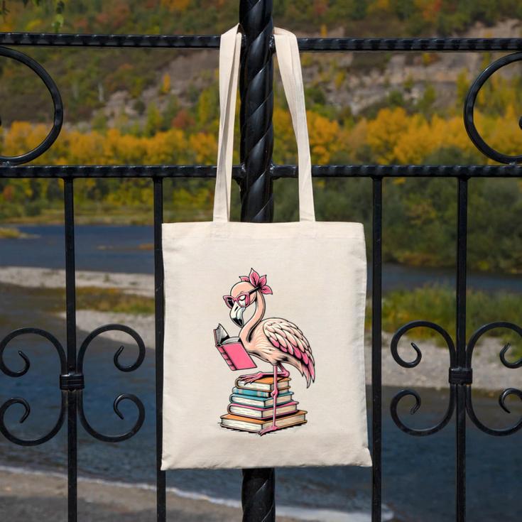 Book Lover Cute Flamingo Reading Teacher Librarian Women Canvas Tote Bag, funny design