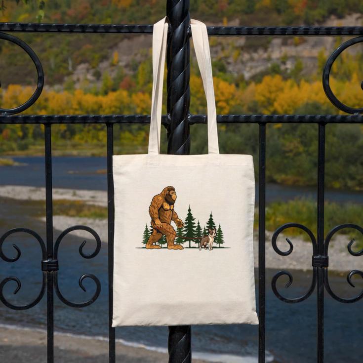 Boston Terrier Bigfoot Dog Walking Dog Mom Dad Kids Canvas Tote Bag, Couple Gifts, Mom Gifts, Boston Terrier Dad Gifts, Boston Terrier Mom Gifts, funny design