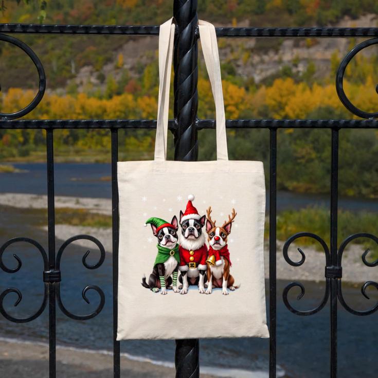 Boston Terrier Christmas Dogs Santa Reindeer Elf Canvas Tote Bag, Boston Terrier Christmas Gifts, funny design