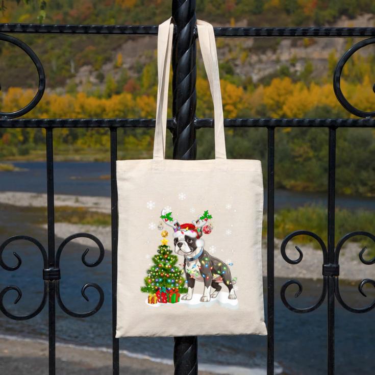 Boston Terrier Christmas Tree Lights Santa Hat Canvas Tote Bag, Boston Terrier Christmas Gifts, funny design