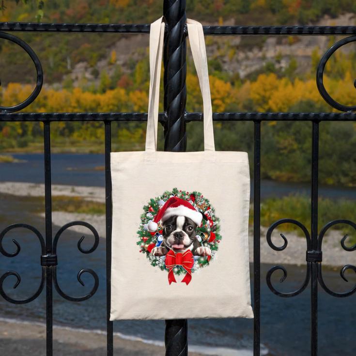 Boston Terrier Christmas Wreath Decoration Xmas Pajamas Canvas Tote Bag, Boston Terrier Christmas Gifts, funny design