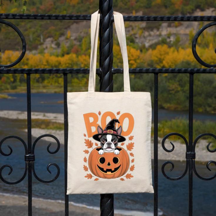 Boston Terrier Costume On Pumpkin Halloween Boston Terrier Canvas Tote Bag, Boston Terrier Halloween Gifts, funny design