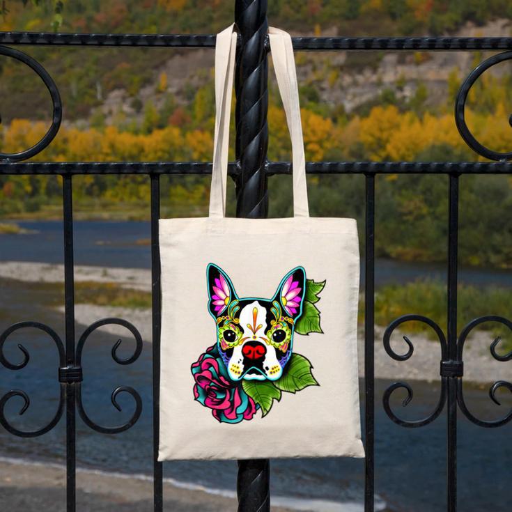 Boston Terrier In Day Of The Dead Sugar Skull Dog Canvas Tote Bag, funny design