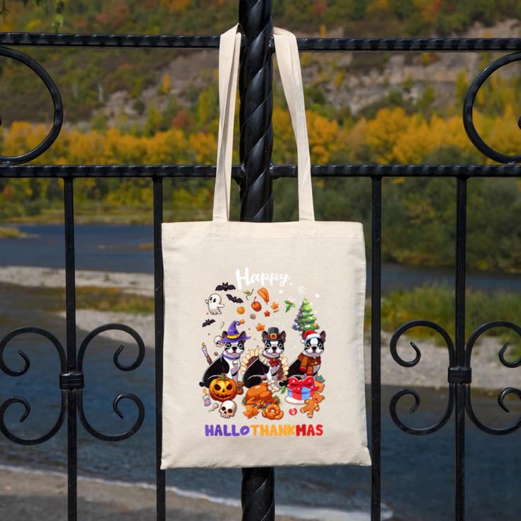 Boston Terrier Dog Christmas Happy Hallothankmas Halloween For Men Women Kids Canvas Tote Bag, Boston Terrier Christmas Gifts, Boston Terrier Halloween Gifts, funny design