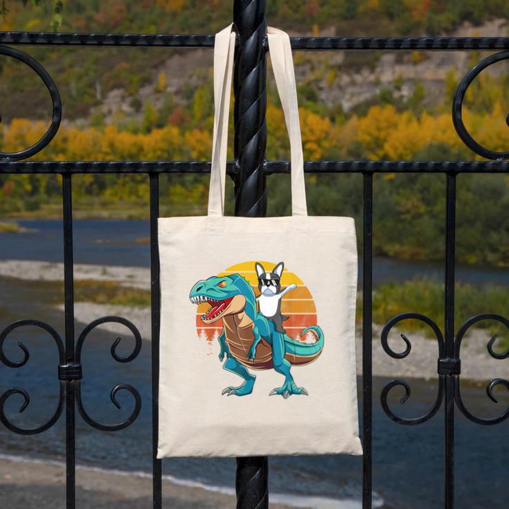 Boston Terrier Dog Riding Dinosaur T Rex Boys Canvas Tote Bag, Boston Terrier Riding Gifts, funny design