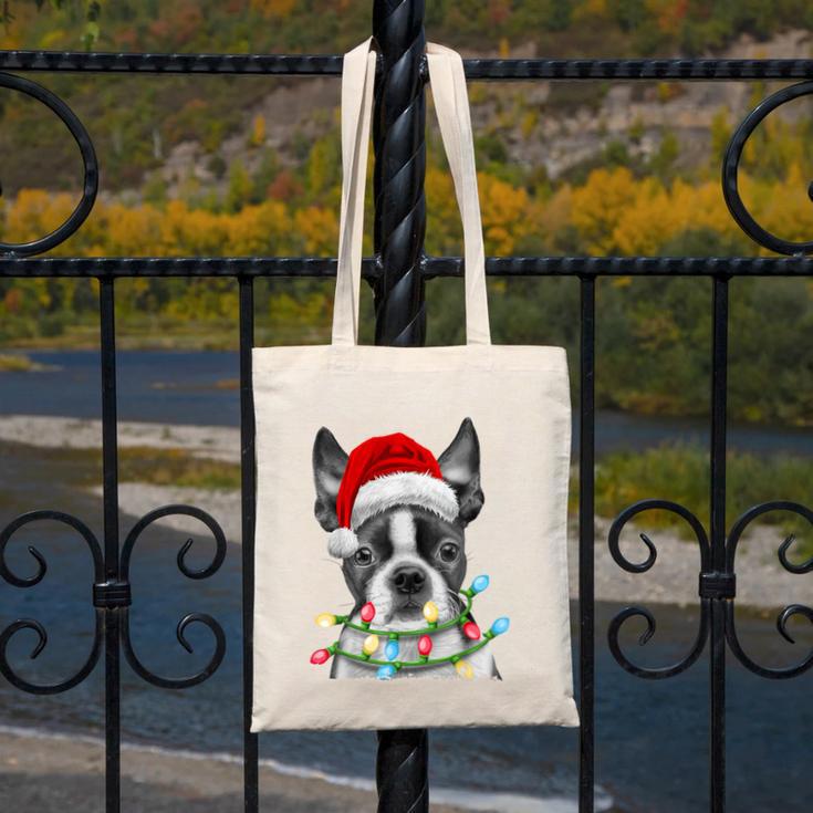 Boston Terrier Dog Santa Christmas Tree Lights Xmas Canvas Tote Bag, Boston Terrier Christmas Gifts, funny design