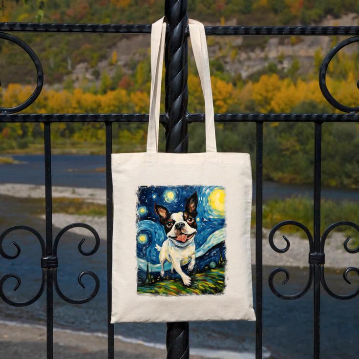 Boston Terrier Dog Starry Night Painting Canvas Tote Bag, funny design