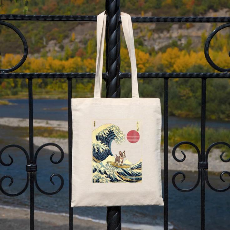 Boston Terrier Japanese Kanagawa Wave Surf Dog Canvas Tote Bag, funny design
