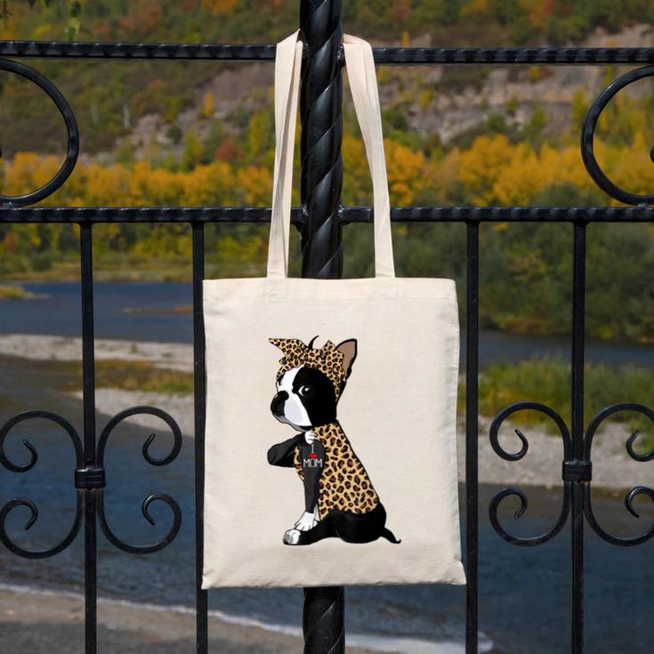 Boston Terrier Lover I Love Mom Tattoo Leopard Canvas Tote Bag, Couple Gifts, Mom Gifts, Boston Terrier Mom Gifts, funny design