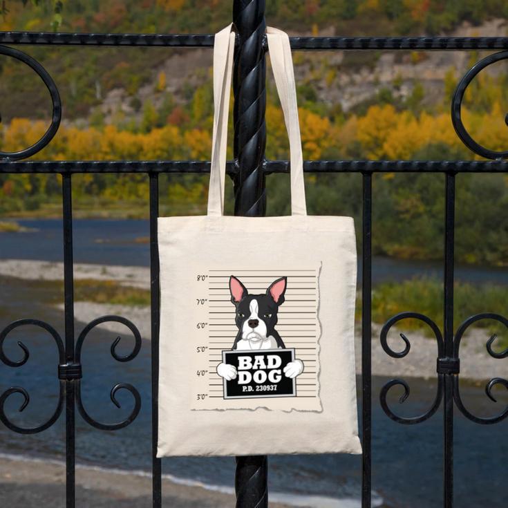 Boston Terrier Mug Shot Guilty Dog Canvas Tote Bag, funny design