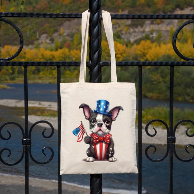 Boston Terrier Puppy Dog Holds His American Flag 4th Of July Canvas Tote Bag, American Boston Terrier Gifts, Boston Terrier 4th Of July Gifts, funny design