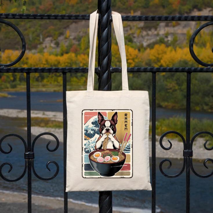 Boston Terrier Ramen Noodles Japanese Art Retro Ocean Waves Canvas Tote Bag, funny design