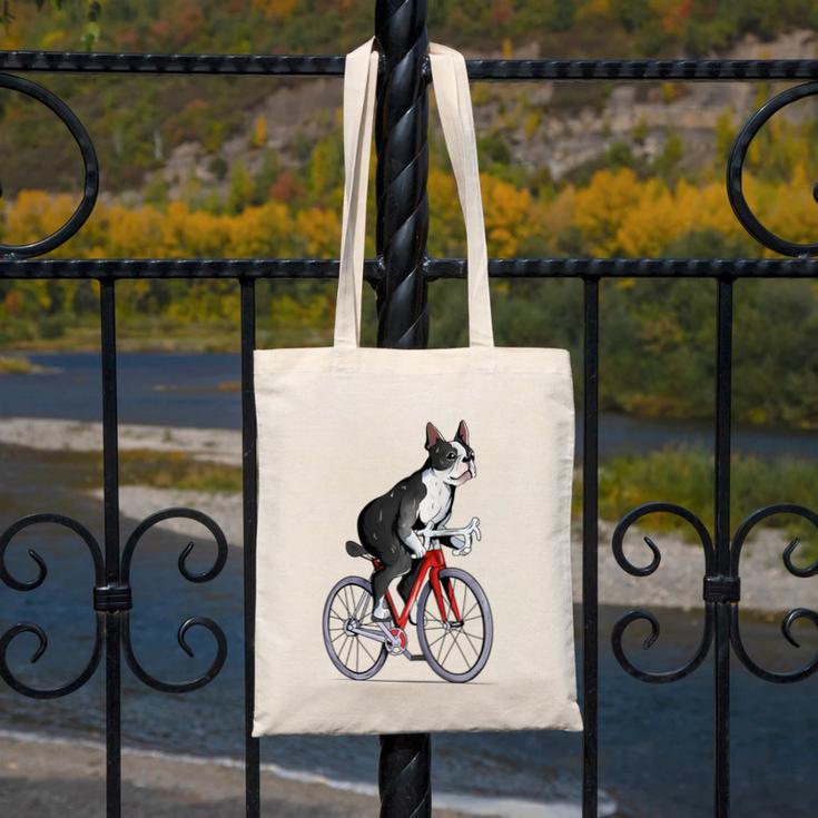 Boston Terrier Riding Bicycle Cute Bostie Biker Raglan Baseball Tee Canvas Tote Bag, Boston Terrier Riding Gifts, funny design
