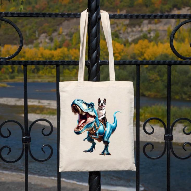 Boston Terrier Riding T-Rex Dinosaur Dog Lover Canvas Tote Bag, Boston Terrier Riding Gifts, funny design