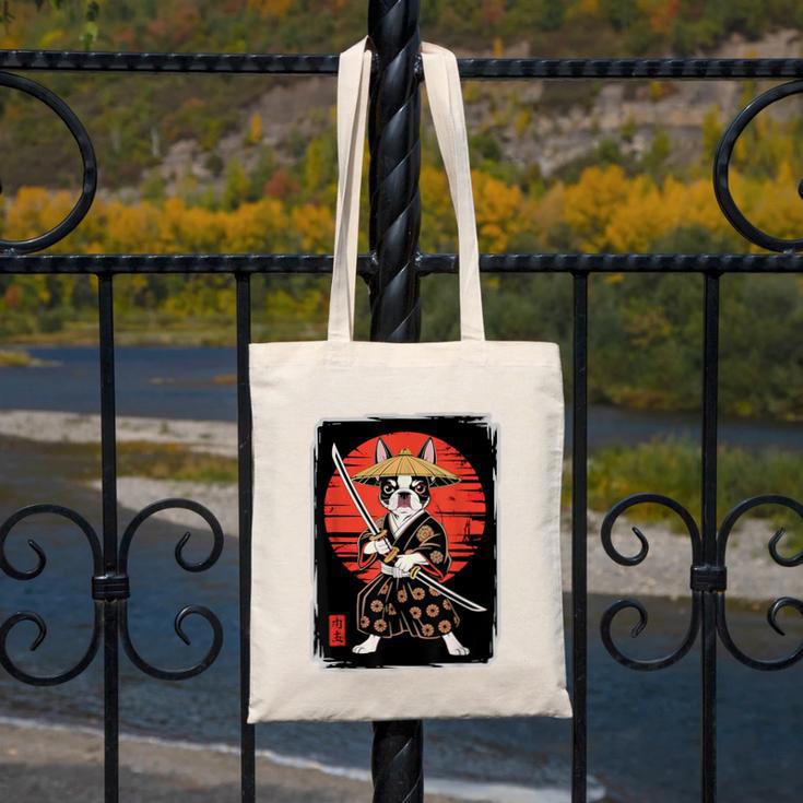 Boston Terrier Samurai Ninja Vintage Anime Japanese Ukiyo-e Canvas Tote Bag, funny design