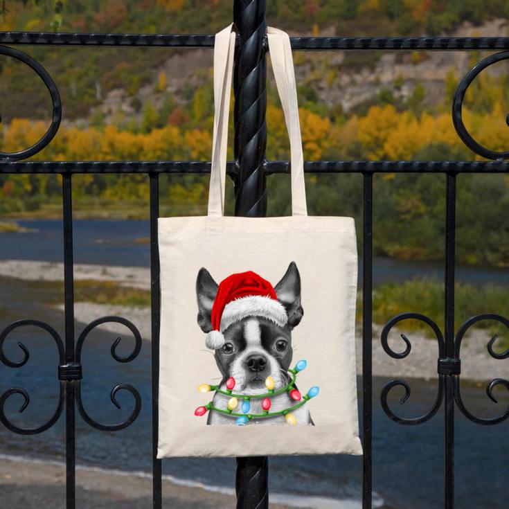Boston Terrier Santa Christmas Tree Lights Xmas Boys Men Dog Canvas Tote Bag, Boston Terrier Christmas Gifts, funny design