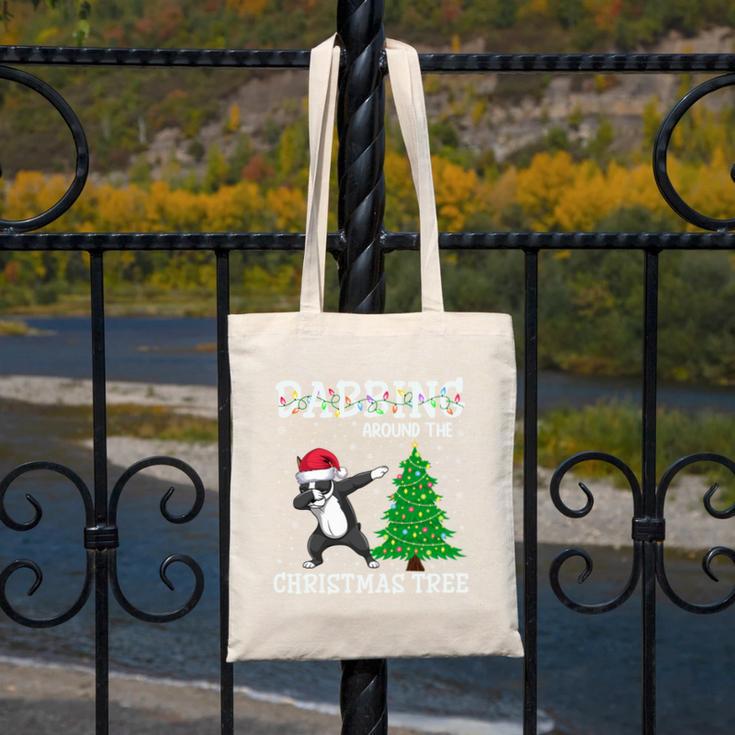 Boston Terrier Santa Hat Dabbing Around The Christmas Tree Canvas Tote Bag, Boston Terrier Christmas Gifts, funny design