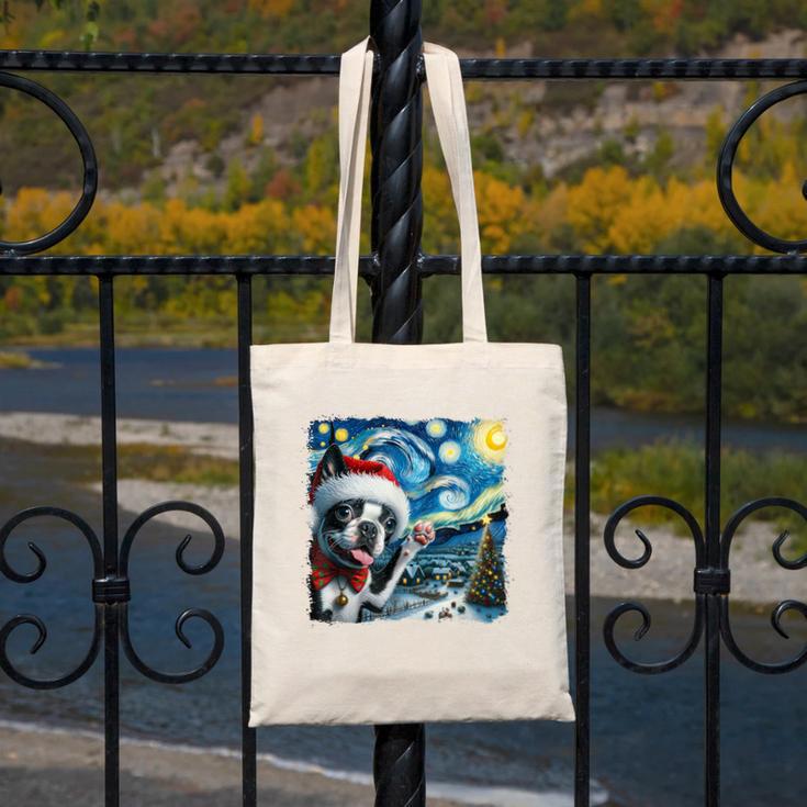 Boston Terrier Santa Starry Night Van Gogh Christmas Dog Men Women Kids Canvas Tote Bag, Boston Terrier Christmas Gifts, funny design