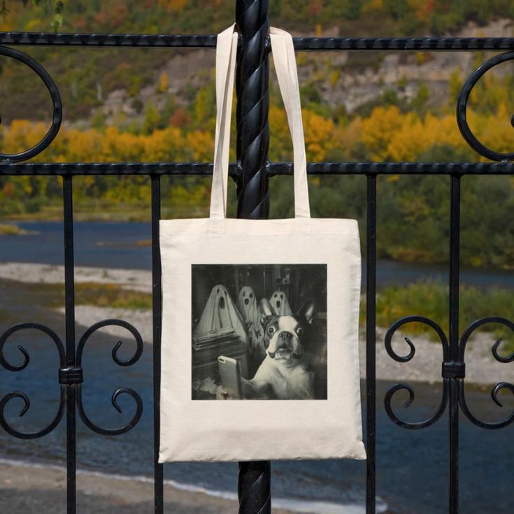 Boston Terrier Selfie With Ghosts Halloween Dog Lover Canvas Tote Bag, Boston Terrier Halloween Gifts, funny design