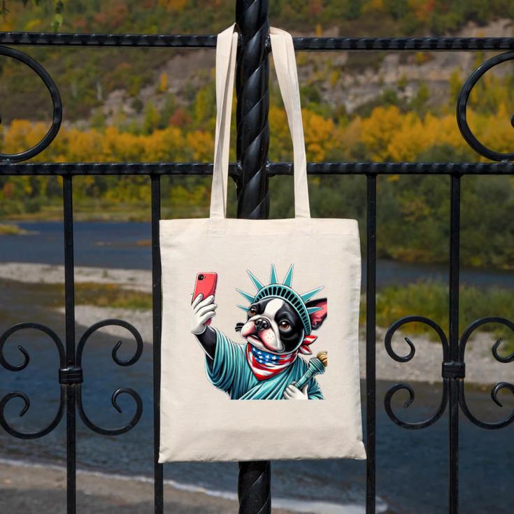 Boston Terrier Selfie Statue Of Liberty 4th Of July American Canvas Tote Bag, American Boston Terrier Gifts, Boston Terrier 4th Of July Gifts, funny design