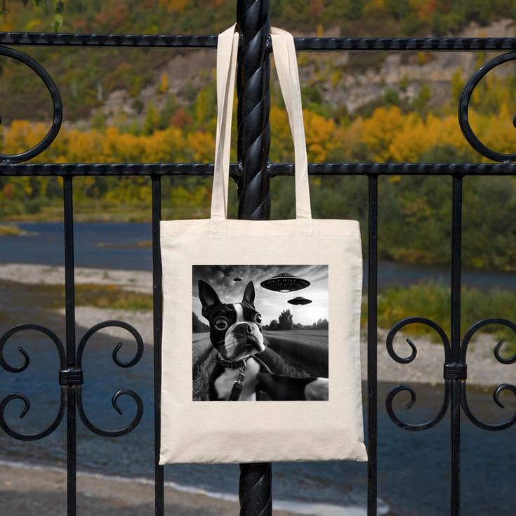 Boston Terrier Graphic Selfie With UFOs Weird Aliens Canvas Tote Bag, funny design