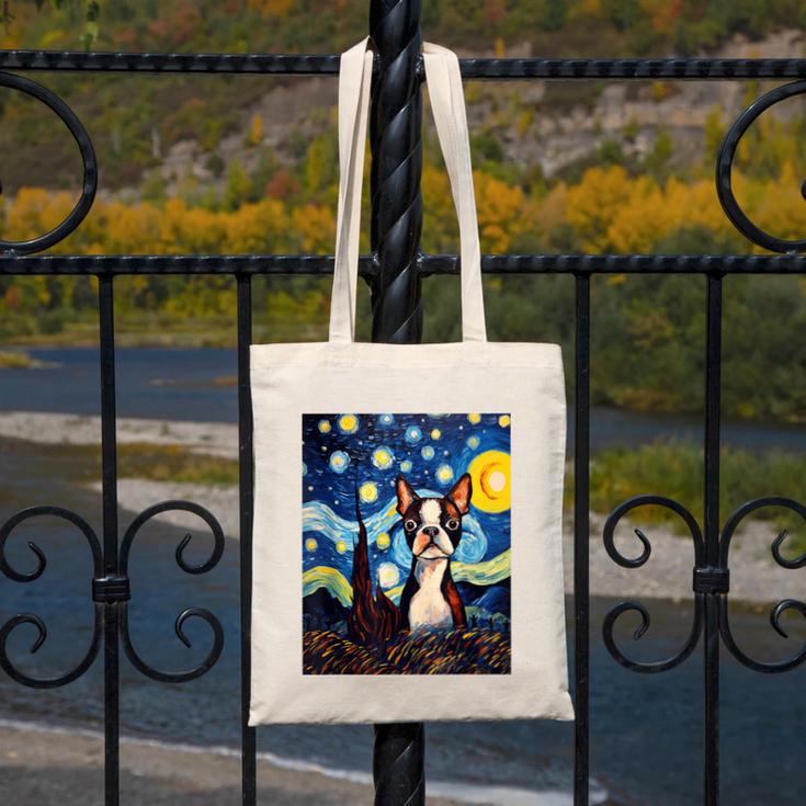 Boston Terrier Starry Night Van Gogh Art Canvas Tote Bag, funny design