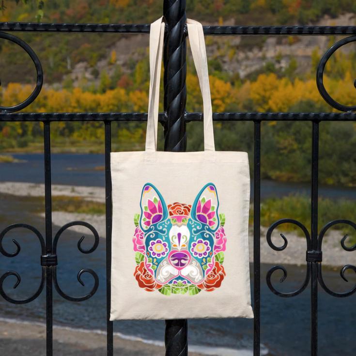 Boston Terrier Sugar Skull Dog Day Of The Dead Canvas Tote Bag, funny design