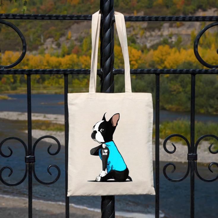 Boston Terrier Tattoos I Love Mom Canvas Tote Bag, Couple Gifts, Mom Gifts, Boston Terrier Mom Gifts, funny design
