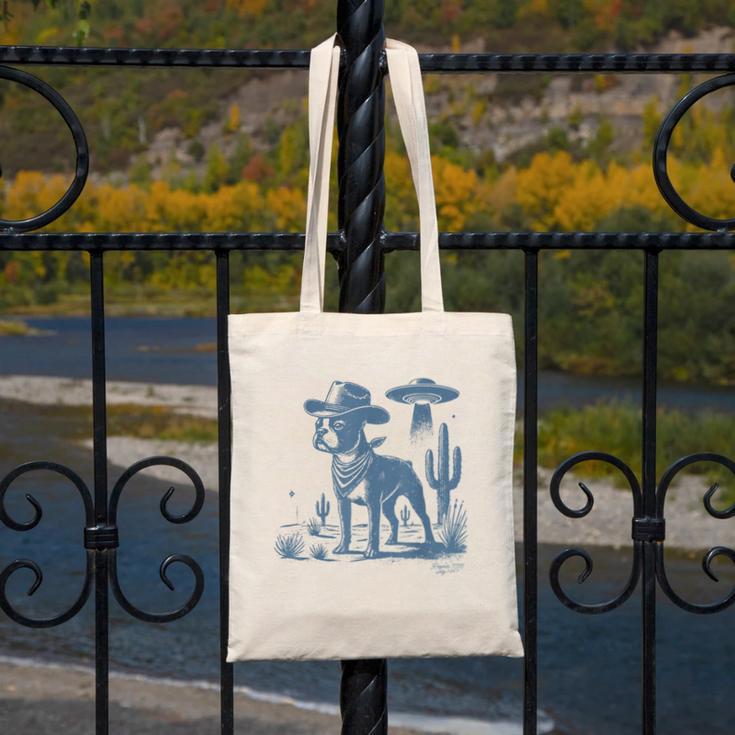 Boston Terrier UFO Cowboy Dog Dog Mom Dog Dad Alien Dog Canvas Tote Bag, Couple Gifts, Mom Gifts, Boston Terrier Dad Gifts, Boston Terrier Mom Gifts, funny design