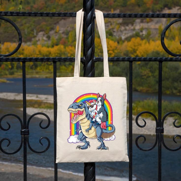 Boston Terrier Unicorn Riding Dinosaur T-Rex Girls Rainbow Canvas Tote Bag, Boston Terrier Riding Gifts, funny design