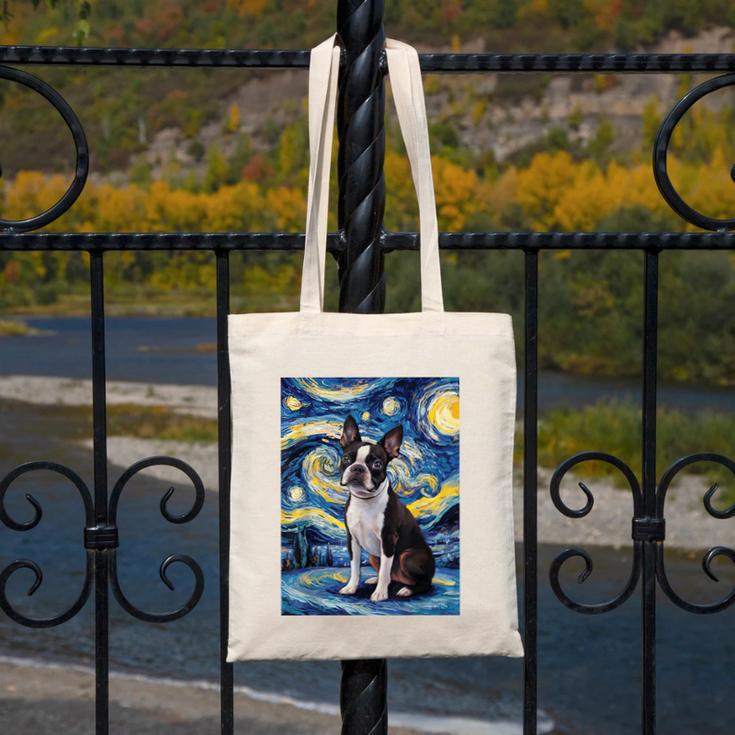 Boston Terrier Van Gogh Starry Night Canvas Tote Bag, funny design
