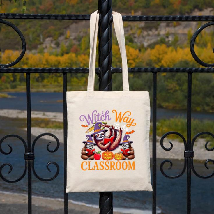 Way To Classroom Halloween Witch Three Cute Sloths Teacher Canvas Tote Bag, funny design