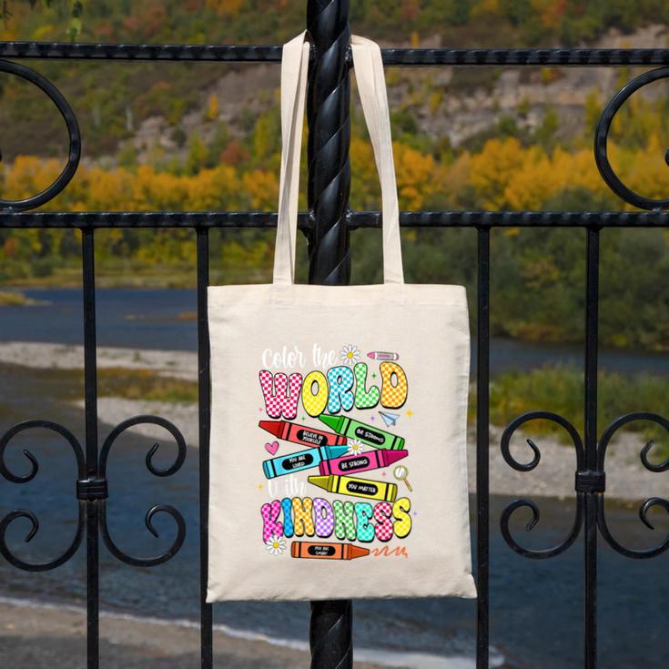 Color The World With Kindness Teacher Back To School Canvas Tote Bag, funny design