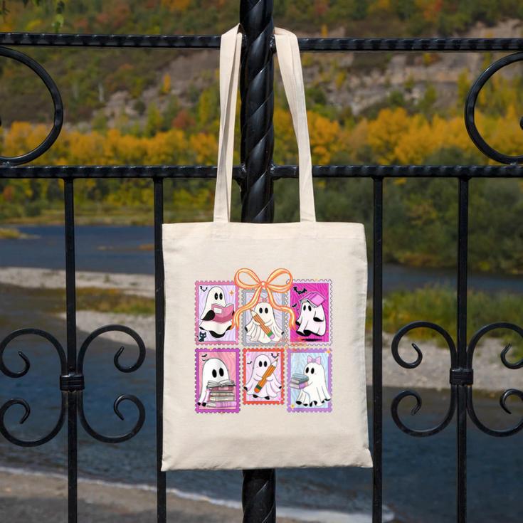 Coquette Bow Spooky Teacher Ghost Halloween Trick Or Teach Canvas Tote Bag, funny design Coquette Bow Spooky Teacher Ghost Halloween Trick Or Teach Canvas Tote Bag, funny design