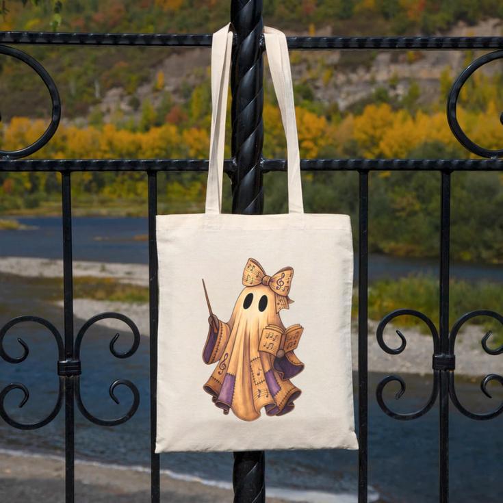 Coquette Music Note Patchwork Ghost Music Teacher Halloween Canvas Tote Bag, funny design