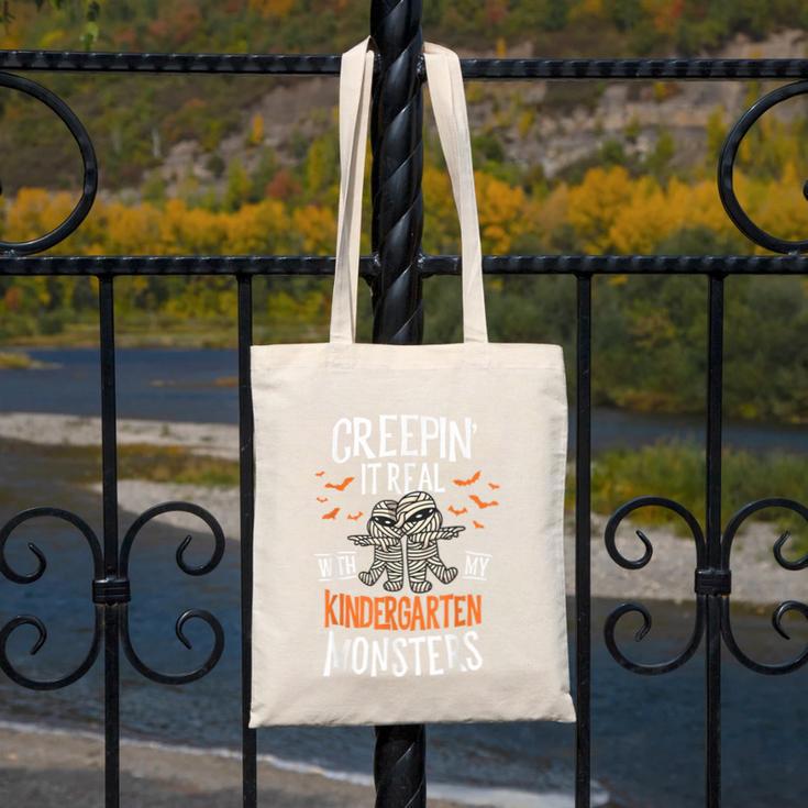 Creepin It Real Kindergarten Monsters Halloween Teacher Canvas Tote Bag, funny design Creepin It Real Kindergarten Monsters Halloween Teacher Canvas Tote Bag, funny design