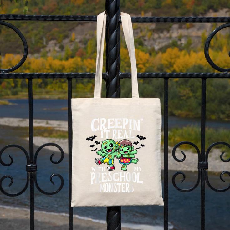 Creepin It Real Monster School Preschool Teacher Halloween Canvas Tote Bag, funny design Creepin It Real Monster School Preschool Teacher Halloween Canvas Tote Bag, funny design