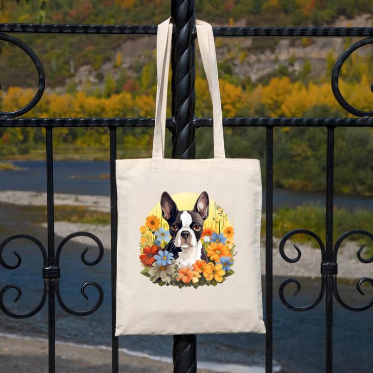 Cute Boston Terrier Spring Flower Garden Colorful Puppy Dog Canvas Tote Bag, funny design