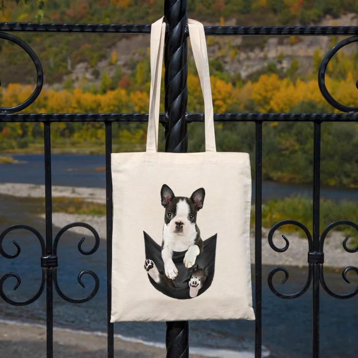 Dog Lovers Boston Terrier In Pocket Dog Face For Men Women Kids Canvas Tote Bag, funny design