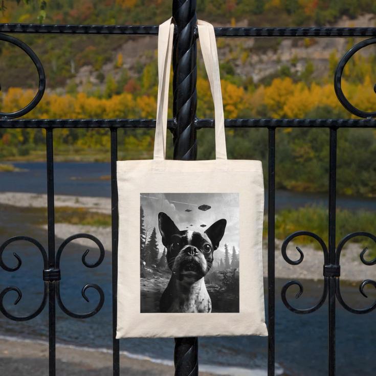 Dog Mom Dad Alien Selfie Boston Terrier UFO For Men Women Canvas Tote Bag, Couple Gifts, Mom Gifts, Boston Terrier Dad Gifts, Boston Terrier Mom Gifts, funny design