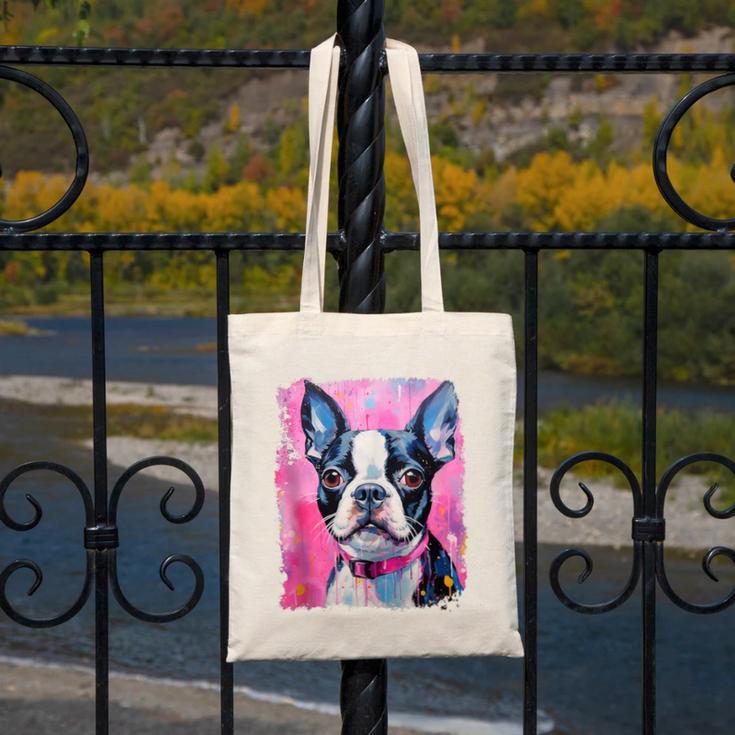 Dog Pink Boston Terrier Canvas Tote Bag, funny design